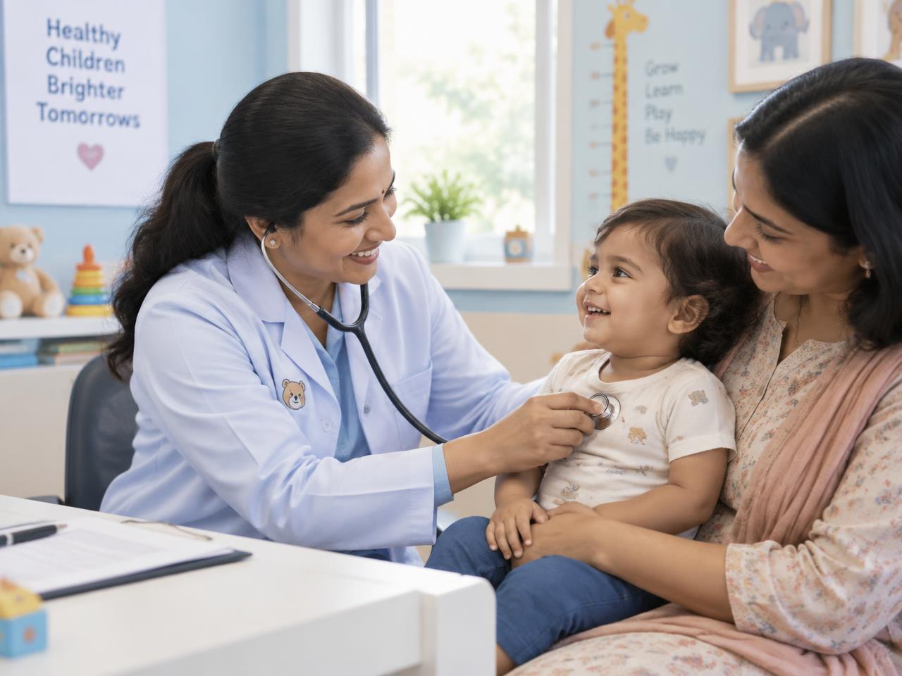 A paediatrician examining a smiling toddler held by a parent at Vignesh Clinic